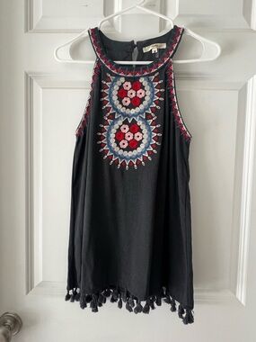 Andree Black Sleeveless Embroidered Tassel Tank Top